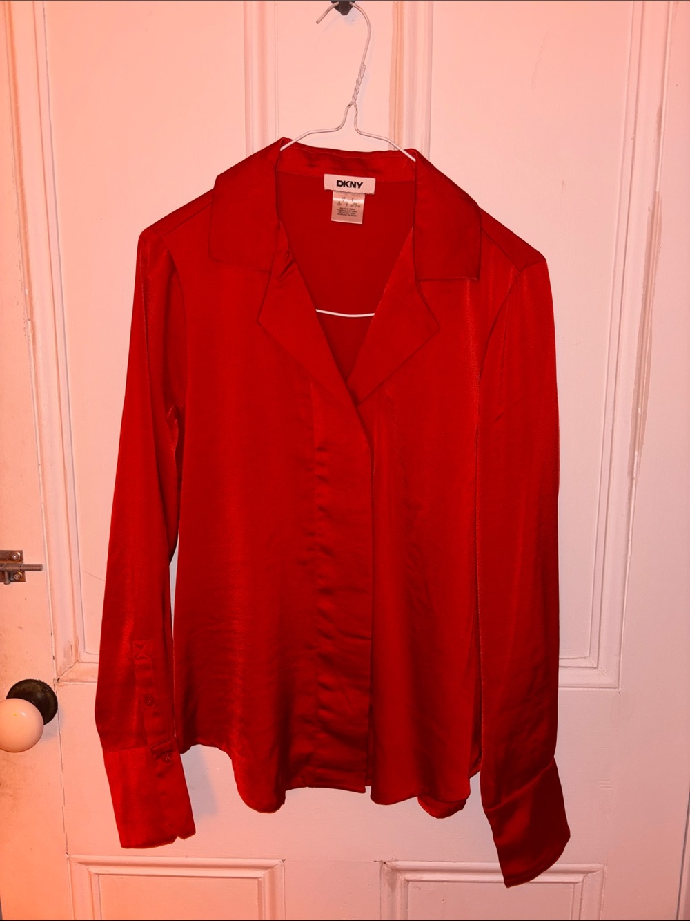 DKNY Red Satin Button-Front Blouse
